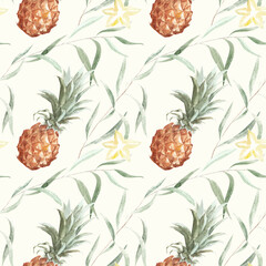 Tropical fruit pattern. Exotic fruits, spices and eucalyptus branches. Watercolor pattern on light background.