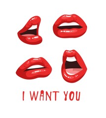 Sexy Female Lips with Red Lipstick. Vector Fashion Illustration Woman Mouth Set.  Gestures Collection Expressing Different Emotions