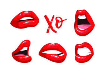 Sexy Female Lips with Red Lipstick. Vector Fashion Illustration Woman Mouth Set.  Gestures Collection Expressing Different Emotions
