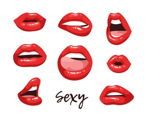 Sexy Female Lips with Red Lipstick. Vector Fashion Illustration Woman Mouth Set.  Gestures Collection Expressing Different Emotions