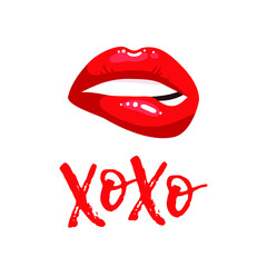 Sexy Female Lips with Red Lipstick. Vector Fashion Illustration Woman Mouth Set.  Gestures Collection Expressing Different Emotions