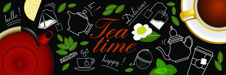 Bannière ou affiche illustrée d’éléments sur le thème de l’heure du thé - couleur et trait blanc sur un fond de tableau noir. 