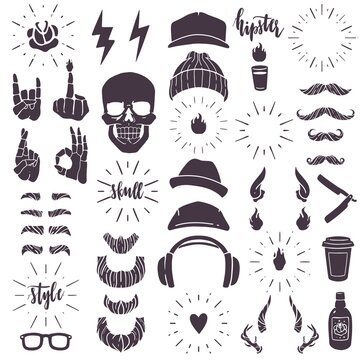 hipster accessories set. hipster skull accessories constructor. Isolated elements on a white background. Component parts of an images. Hipster portraits combining vector collection