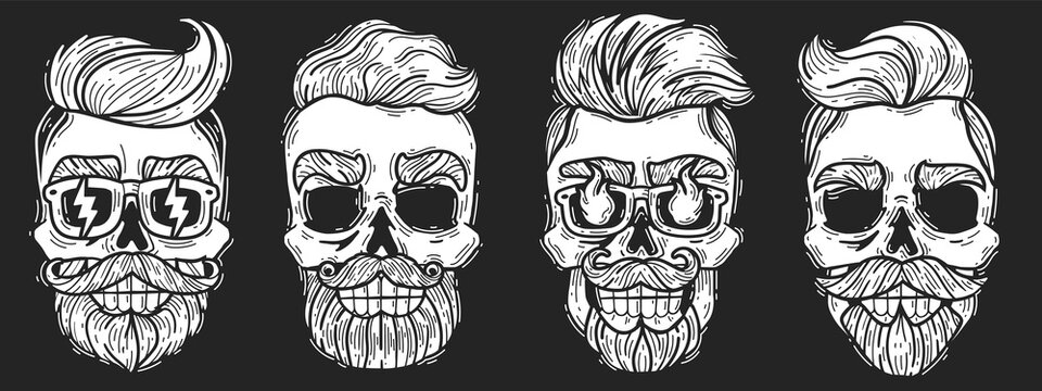 hipster hairstyles skulls set. Barber shop hipster skulls set. Vector illustration chalk Board. Hipster heads with glasses with modern hairstyles.