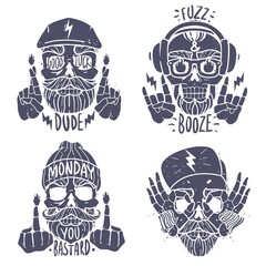 hipster skulls emblems. hipster skulls emblems set. Silhouette heads vector isolated illustrations. Brutal bearded faces