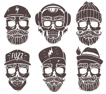 hipster skulls set. hipster skulls set. Silhouette heads vector isolated illustrations. Brutal bearded faces