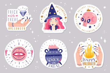 Magic icons doodles emblems. Magical doodles stickers set. Wizards staff with hand drawn spirit halloween vector illustration. Witchcraft occultism design emblems. Perfect for, cards, stickers, prints