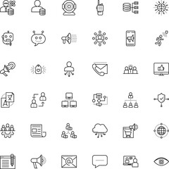 communication vector icon set such as: infrared, chip, job, delegate, walk, pen, personality, assistance, relations, anatomy, upload, experience, propaganda, loyalty, circuit, authority, mentor