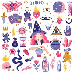 Magic icons doodles set. Magic witch icons set. Hand drawn, doodle, sketch style vector illustration. Witchcraft occultism design elements. Perfect for, cards, stickers, prints