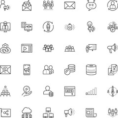 communication vector icon set such as: inspiration, account, signal, chat, president, datacenter, shield, mark, stroke, window, word, artificial, skin, knowledge, newspaper, headlines, table, page