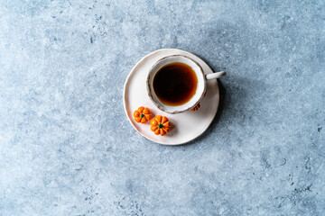 Handmade Ceramic Coffee or Tea Cups with Pumpkin and Mushroom Pattern Figure Design Handcrafted. Handicraft.