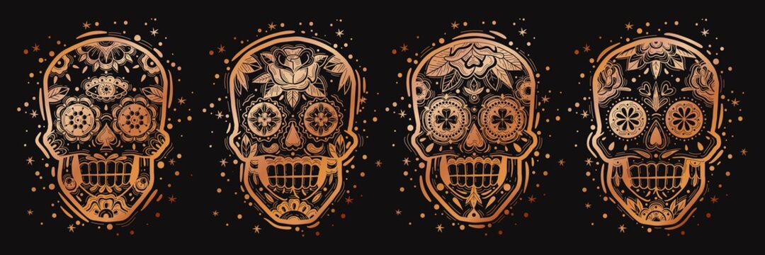 mexican golden skulls set. mexican golden skulls set. Gold heads vector illustration. Metal sugar traditional holiday skulls