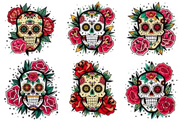 Mexican skull old school roses set. Mexican skulls set. Vector illustration. Dia de los muertos shugar colorful heads.