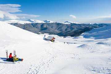 Fototapeta na wymiar Aerial drone photograph with skier touring in Bucegi mountains, Carpathian range, Romania