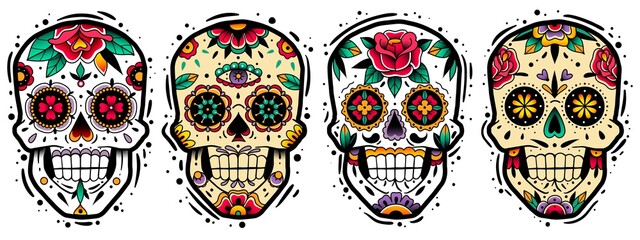 Mexican skulls set. Mexican skulls set. Vector illustration. Dia de los muertos shugar colorful heads.