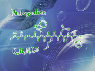 Chemical molecular formula of the hormone pentagastrin S . Infographics. Abstract bright glitter...