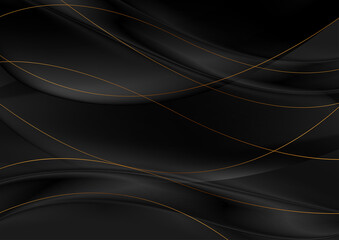 Black glossy smooth waves with curved golden lines abstract background. Vector design