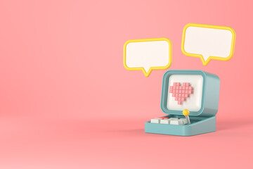 3d rendering of retro computer and heart pixel. - obrazy, fototapety, plakaty