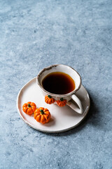 Handmade Ceramic Coffee or Tea Cups with Pumpkin and Mushroom Pattern Figure Design Handcrafted. Handicraft.