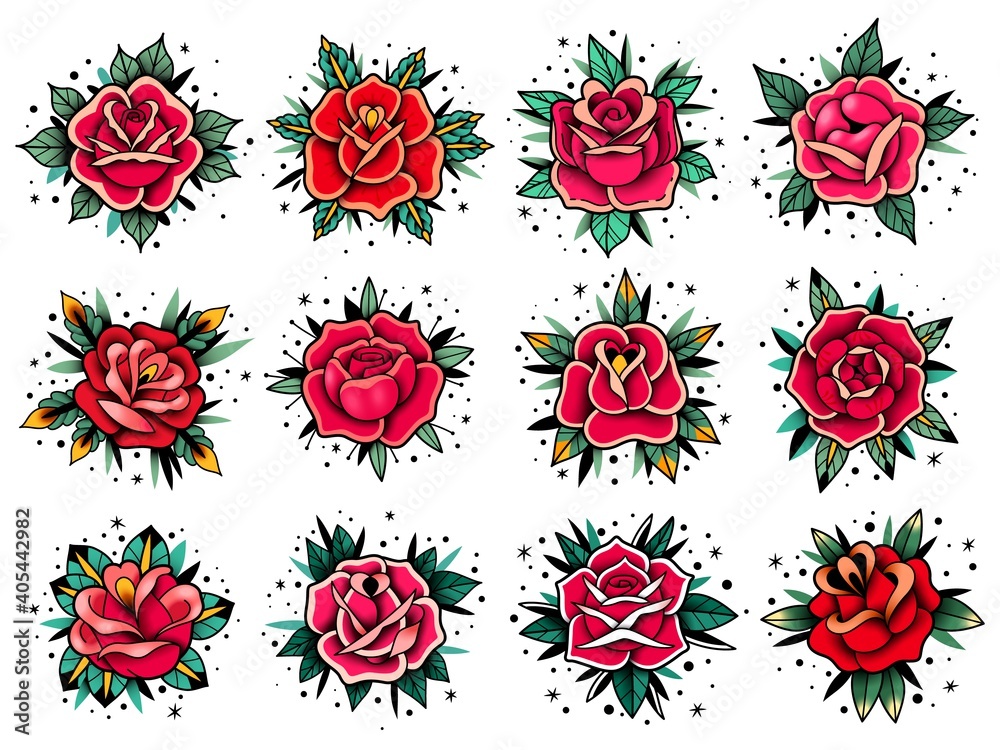 Wall mural old school tattoo roses collection. Old school tattoo roses set. Vector elements collection. Traditional american tattoo flowers.