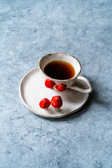 Handmade Ceramic Coffee or Tea Cups with Pumpkin and Mushroom Pattern Figure Design Handcrafted. Handicraft.