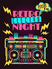 Retro party boombox poster. Retro party boombox poster. Retrowave music vector illustration. Nightclub flyer page template with color stereo recorder