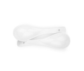 White empty ceramic spoon for soup on white background. Top view
