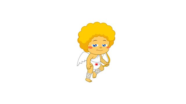 Baby Cupid Cartoon Character Shooting Heart Arrows. 4K Animation Video Motion Graphics With White Background