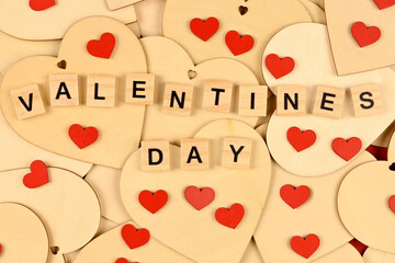 Valentine's Day background. A stack of hearts with the phrase valentines day. Valentine's Day concept. Flat view, top view, copy space