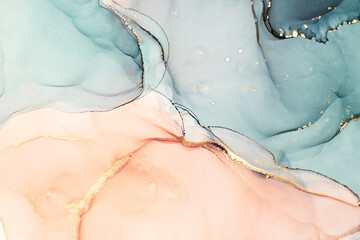 Natural  luxury abstract fluid art painting in alcohol ink technique. Tender and dreamy  wallpaper. Mixture of colors creating transparent waves and golden swirls. For posters, other printed materials © Vex Ryder