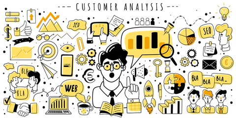 Web analytics doodle horizontal illustration. Seo web analytics doodles elements horizontal illustration. Hand drawn vector icons. Website optimization hand drawn items.