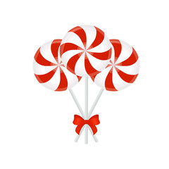 Red candy set. Christmas candy Lollipop with red bow isolated on white background. Vector.