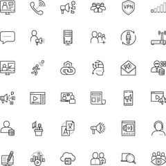 communication vector icon set such as: conversation, staff, orator, referral, telemarketing, group, protocol, grid, electronic, university, router, candidate, seo, event, panel, print, notebook