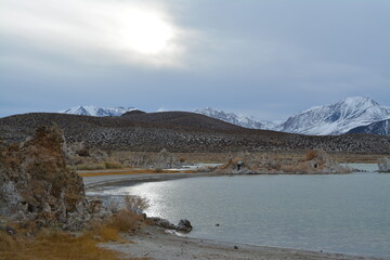 beautiful Mono Lake Tufa State Natural Reserve in eastern California on a cold December day, tufa pinnacles in dusk