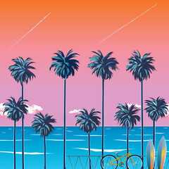 Fototapeta na wymiar Sunset on the beach with palm trees, turquoise ocean and orange sky with clouds. Cycling on the beach. Tropical backdrop for summer vacation. Surfing beach. EPS 10 vector illustration