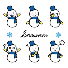 Various poses of a snowman snowman wearing a bucket