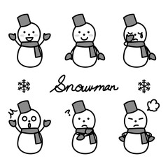 Various poses of a snowman snowman wearing a bucket