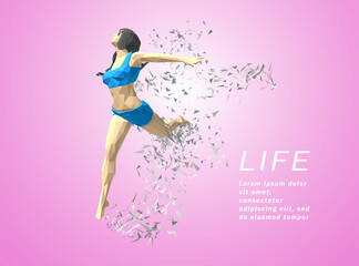 Art concept of a running woman. Vector drawn by color polygons.
