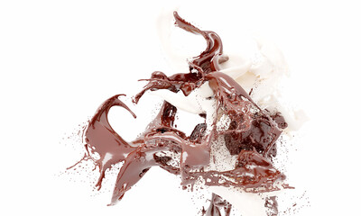 Dark chocolate and white milk splashes isolated on white background