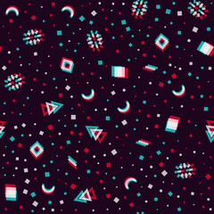Vector seamless pattern, anaglyph geometric shapes, on a dark background