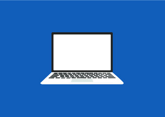 Flat laptop vector isolated on bright blue background. Technology. Computer symbol. Mockup design and graphic resources. Simple laptop vector isolated on blue background