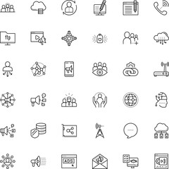 communication vector icon set such as: worker, news, behavior, loud, film, pc, university, cloudscape, program, card, datacenter, attach, presentations, player, test, meeting, link, retro