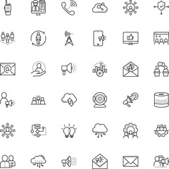 communication vector icon set such as: give, agitation, worker, file, generate, sharing, tower, optical, outbound, job, inspiration, resources, focus, text, engine, shout, staff, conversation, refer