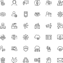 communication vector icon set such as: engineer, seminar, demonstrate, content, choice, data architecture, postal, bank, podium, like, check, planning, password, connectivity, stream, label, display