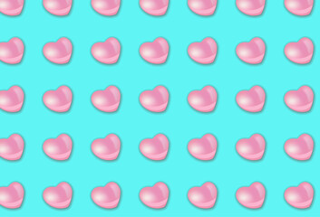 Pink 3D hearts on a blue background. Valentine's card. Background to February 14 Seamless pattern. Vector illustration.