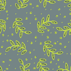 Yellow leaves and berries on a gray background. Natural drawing. Vector. For textiles, backgrounds and wallpapers.