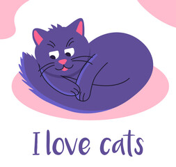 Cute pet cat is lying on a doormat on the floor. I love cats. For printing on cup, t-shirts or Greeting card. Vector cartoon Illustration in flat.