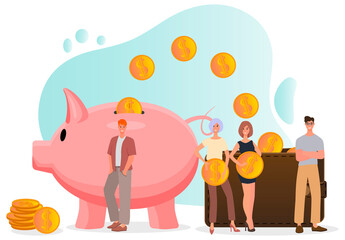 Fototapeta premium Big piggy bank and wallet.Financial services online transactions and savings.Flat vector operation.