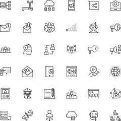 communication vector icon set such as: development, share, hardware, financial, relation, unlock, article, window, database, ui, consumer, switch, analysis, stroke, current, head, loyalty, start