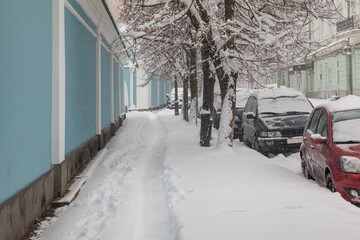 Snowy winter street. Kiev. Ukraine